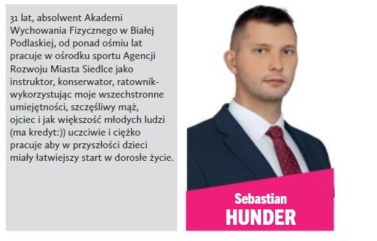 Wizytówka Sebastiana Hundera z ulotki wyborczej Bezpartyjnych Siedlec