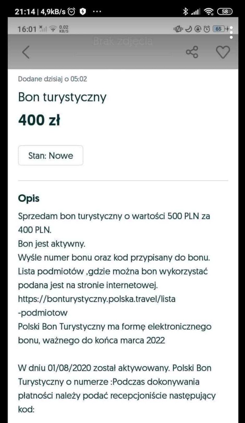 Zrzut ekranu z ogłoszeniem dot. sprzedaży bonu