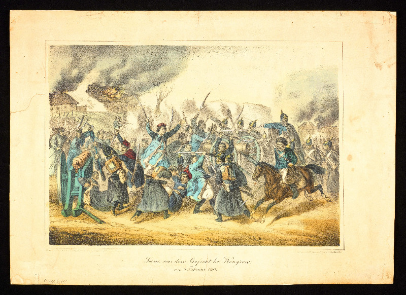 Oddział kosynierów walczących przy armacie w bitwie pod Węgrowem 3 lutego 1863 r., źródło: polona.pl
