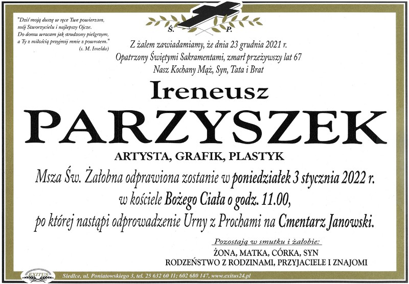 Nekrolog Ireneusza Parzyszka