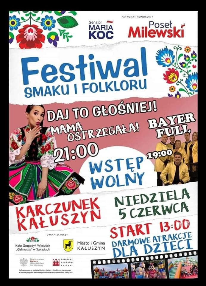 5 czerwca nad zalewem Karczunek w Kałuszynie odbędzie się Festiwal Smaku i Folkloru.