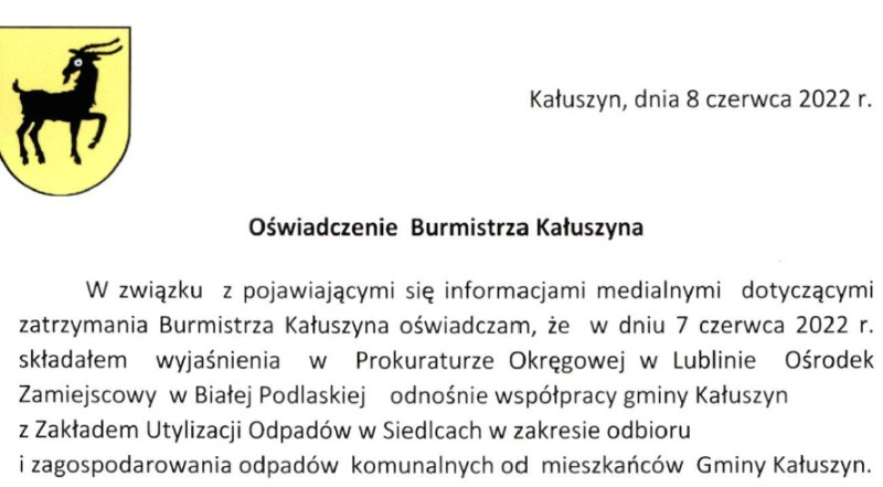 Burmistrz Kałuszyna zajął stanowisko w sprawie dotyczącej zatrzymania przez CBA prezes siedleckiego ZUO.  