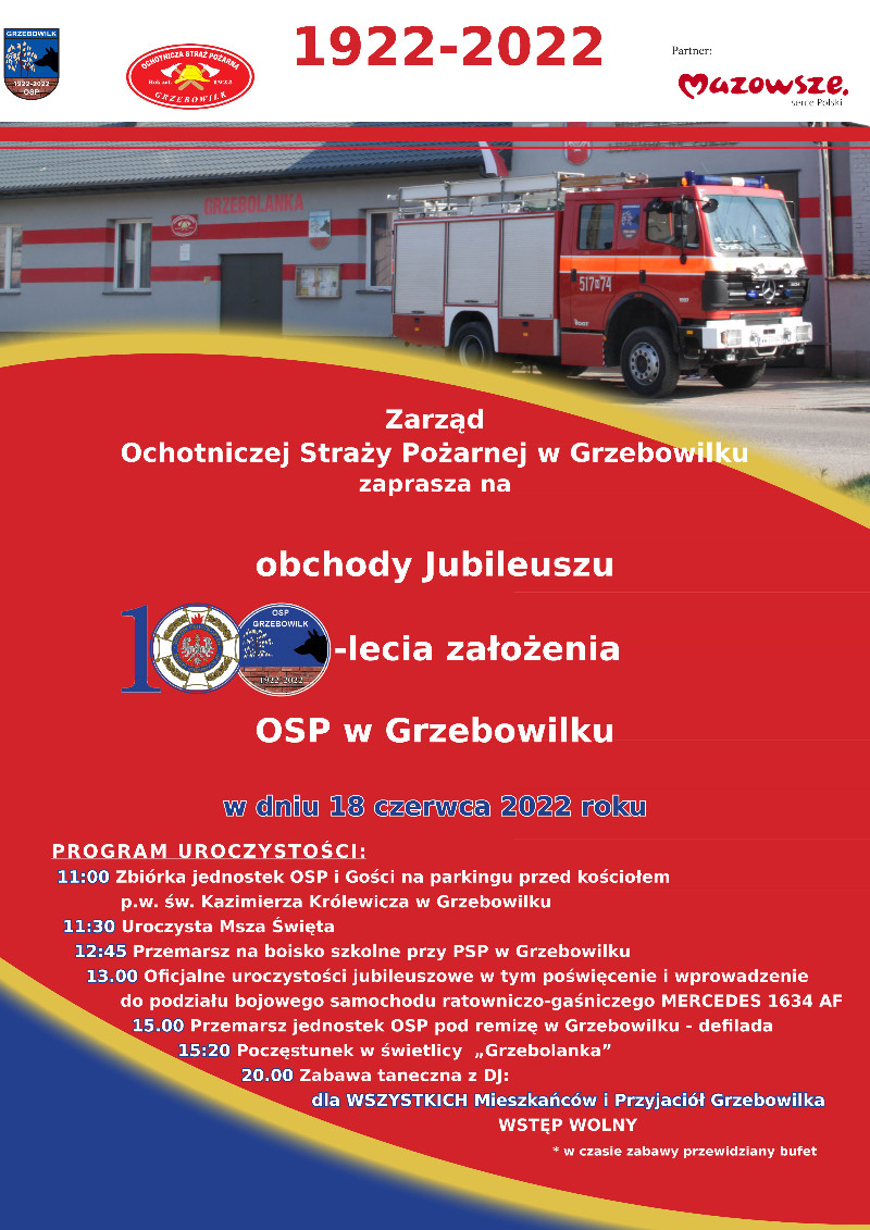Zarząd Ochotniczej Straży Pożarnej w Grzebowilku zaprasza na jubileusz jednostki