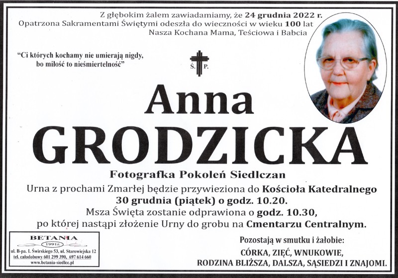 Pogrzeb śp. Anny Grodzickiej odbędzie się 30 grudnia o godz. 10.30 w Katedrze. 