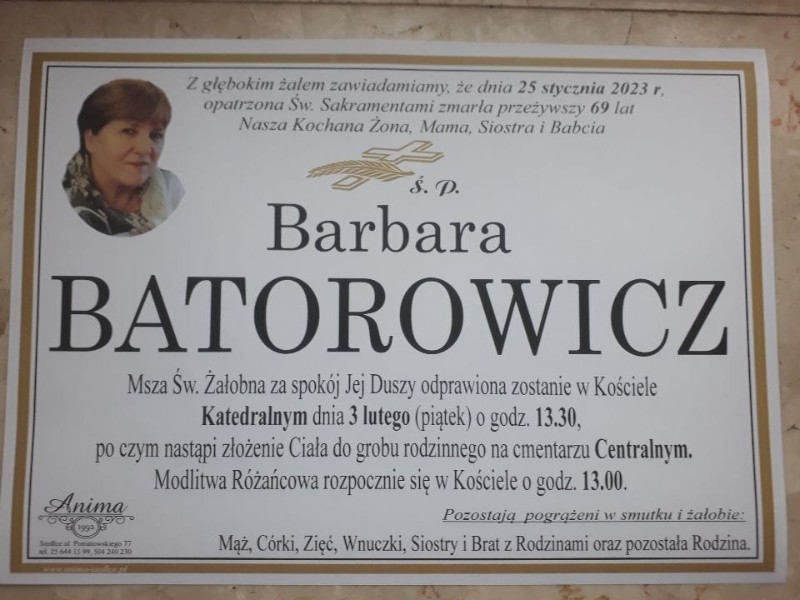 Pożegnanie Barbary Batorowicz odbędzie się 3 lutego o godz. 13.30 w siedleckiej Katedrze. 