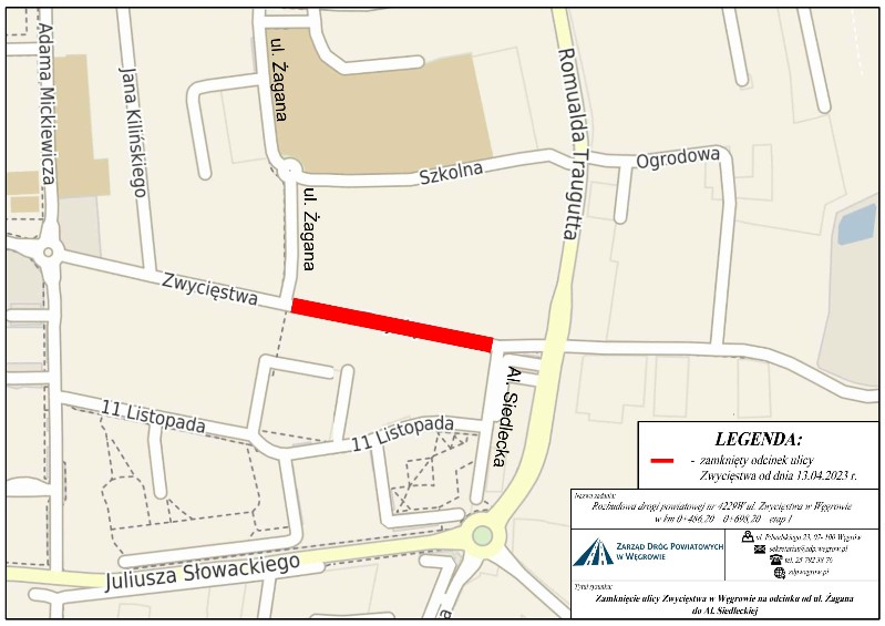 Mapa z zaznaczonym odcinkiem ulicy, który będzie zamknięty. Źródło: ZDP w Węgrowie  