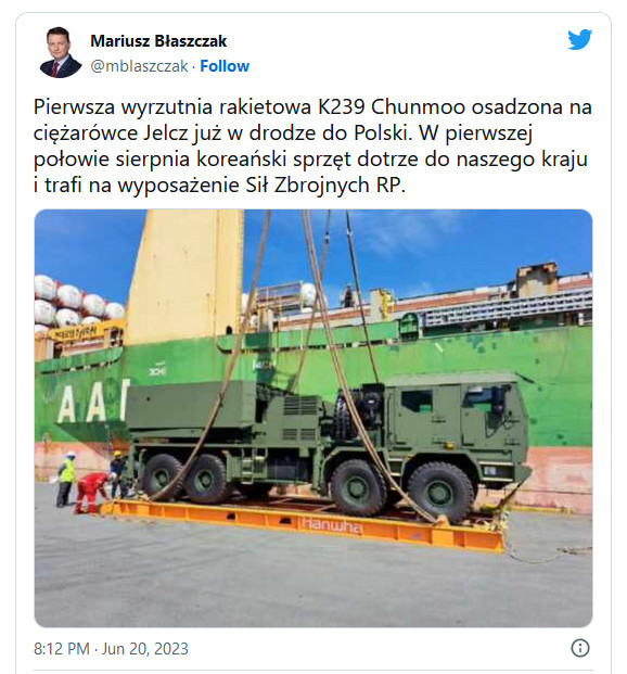 Wyrzutnie rakietowe K239 Chunmoo w drodze do Polski