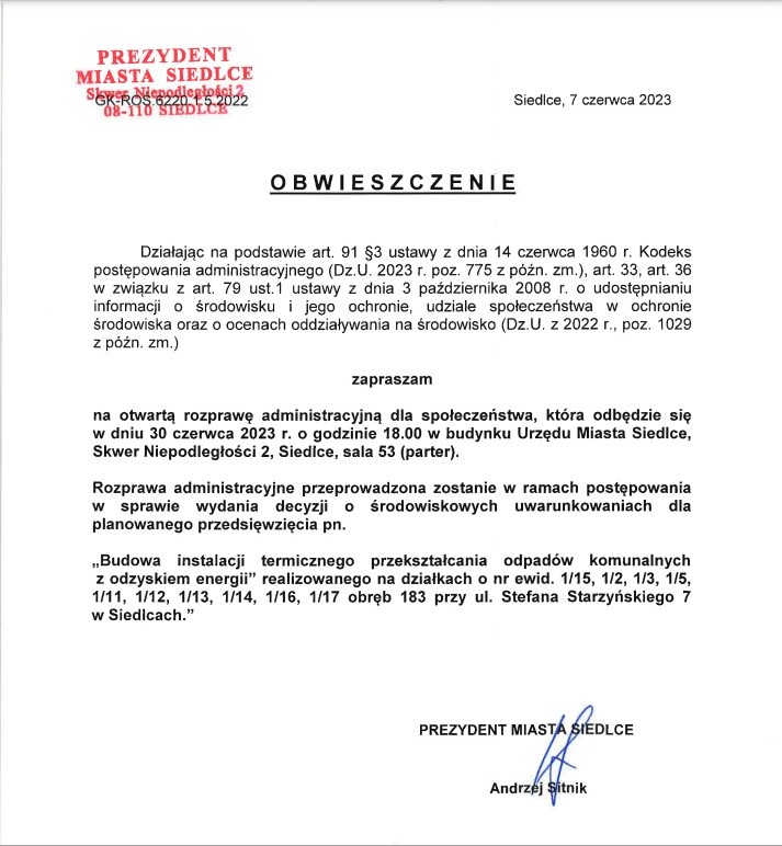 Obwieszczenie w sprawie rozprawy administracyjnej dot. budowy spalarni w Siedlcach. 