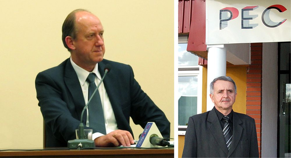 Przewodniczący Rady Miasta Łukowa (z lewej) znalazł sobie pracę w PEC-u u prezesa K. Poredy (z prawej). Collage PGL
