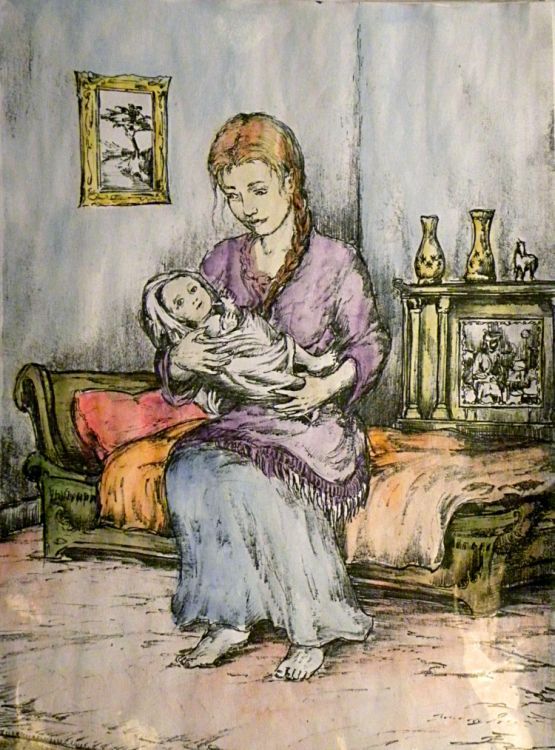 Jeden z rysunków do przygotowywanego komiksu. Przedstawia piastunkę Anielę Gołębiowską, trzymającą na rękach przyszłego noblistę. Rysunek został pokolorowany.